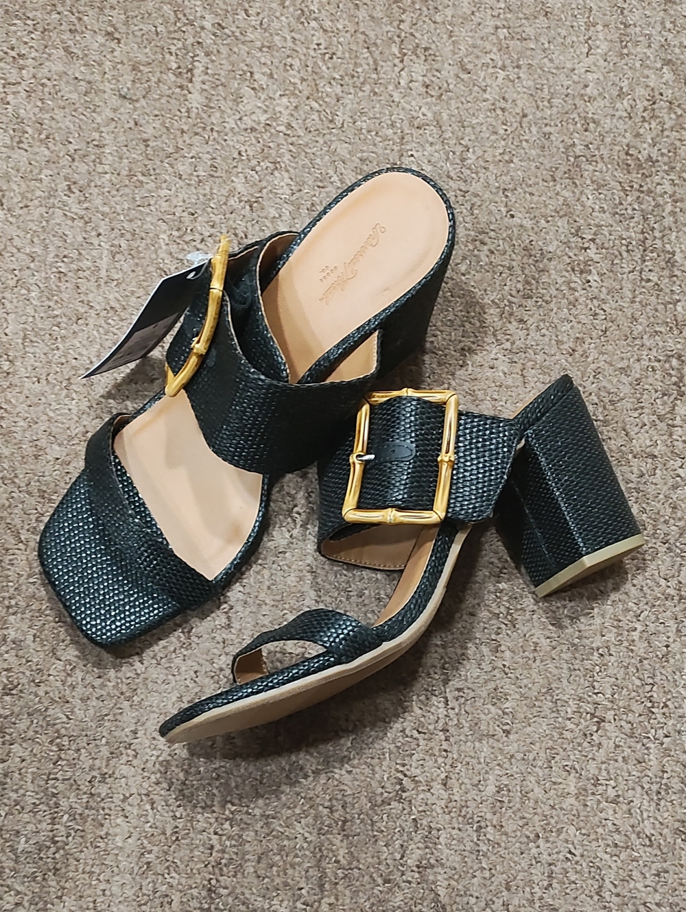 Universal Thread Black Textured Buckle Block Heel Mules with Gold Buckles